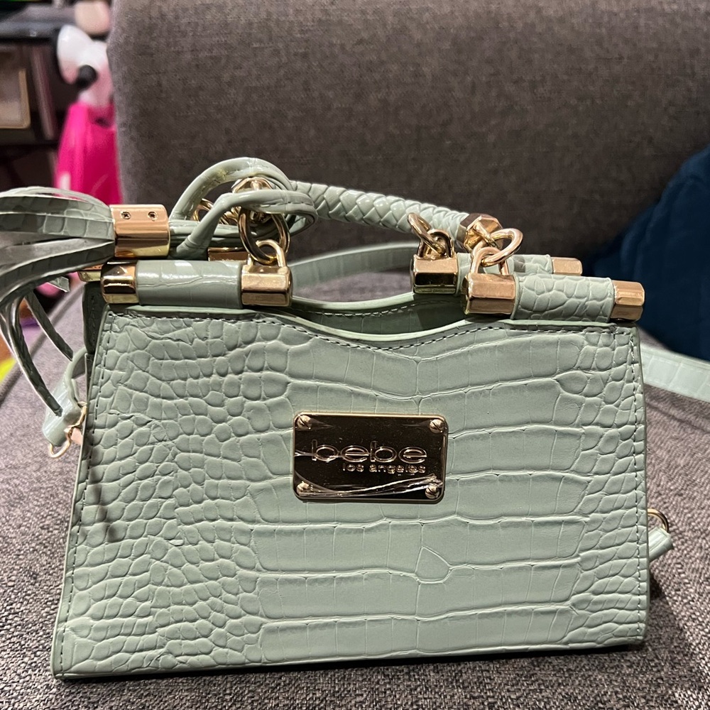 Bebe Light Green Croc-Embossed Mini Bag with Gold Accents
